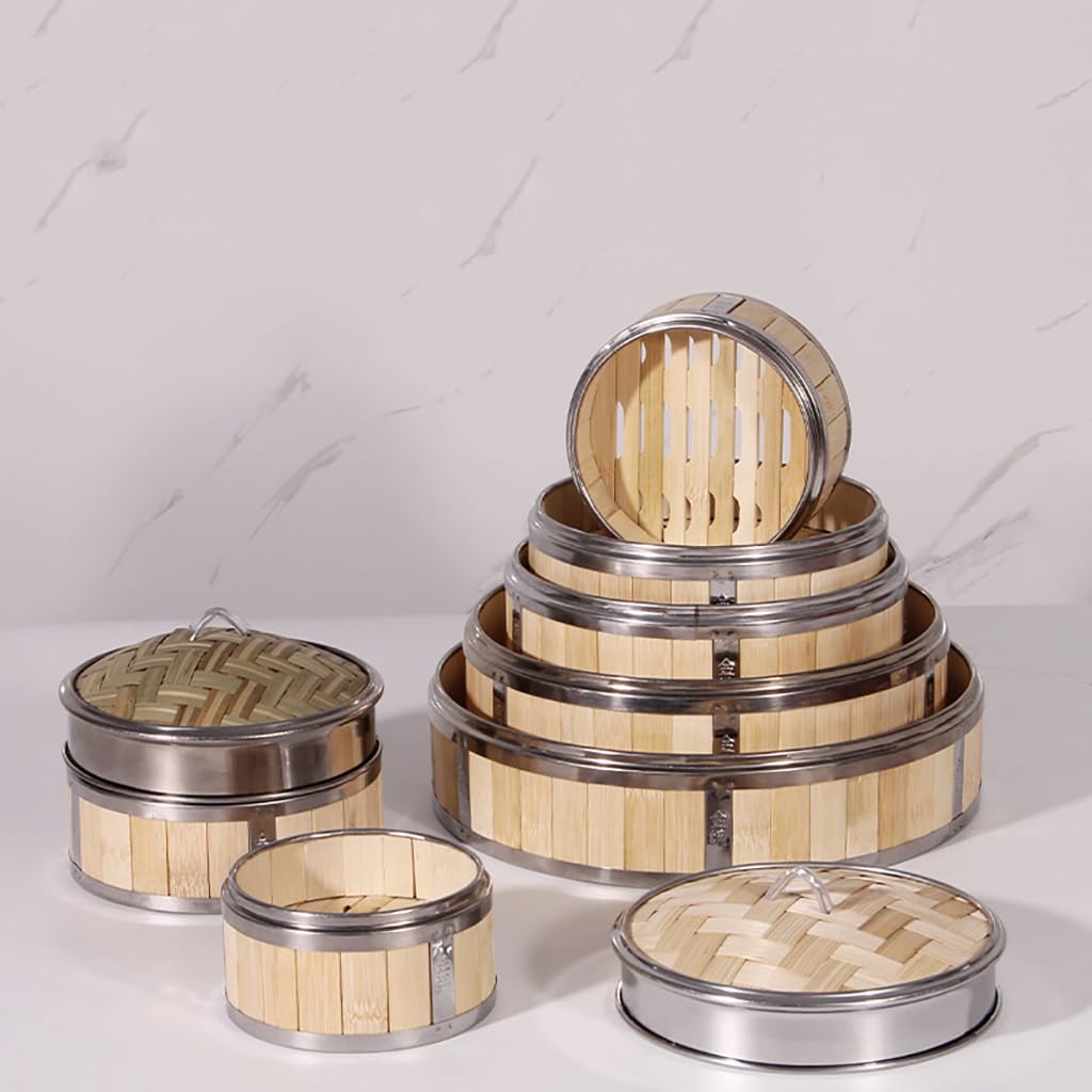 Cesta de Vapor de bambú,2 Niveles con Tapa Steam Cooker,Olla vaporera de bambú Cocinar al Vapor con Bandas de Acero Inoxidable - para arroz,Dim Sum,Verduras,Carne y Pescado (8 tamaños)