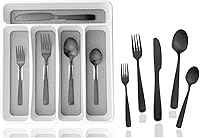 Vista 17 de JASHII Juego de cubiertos con bandeja, juego de cubiertos cuadrados de acero inoxidable de 20 piezas para 4, acabado mate, utensilios de comida
