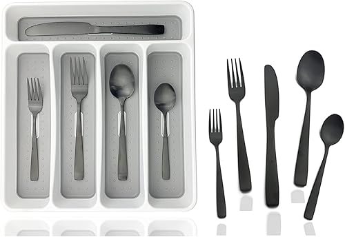 JASHII - Juego de cubiertos con bandeja, 20 piezas de acero inoxidable cuadrado cubiertos servicio para 4, acabado mate, utensilios de alimentación