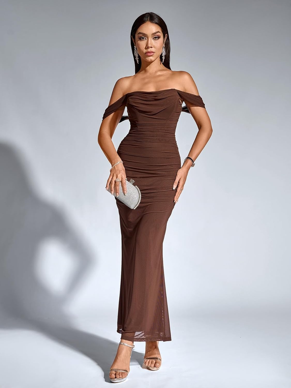 KUTUMAI Off The Shoulder Maxi Long Dress Corset Ruched Bodycon Formal Wedding Guest Dresses for Women - Image 5