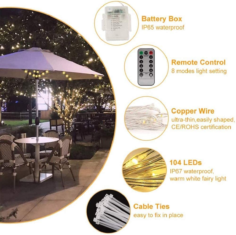 Lámpara para Sombrilla de Patio Luces Sombrilla Paraguas de patio Luces de cadena de luces Luz de poste impermeable para sombrillas de patio 8 modos de brillo Paraguas al aire libre impermeable con p