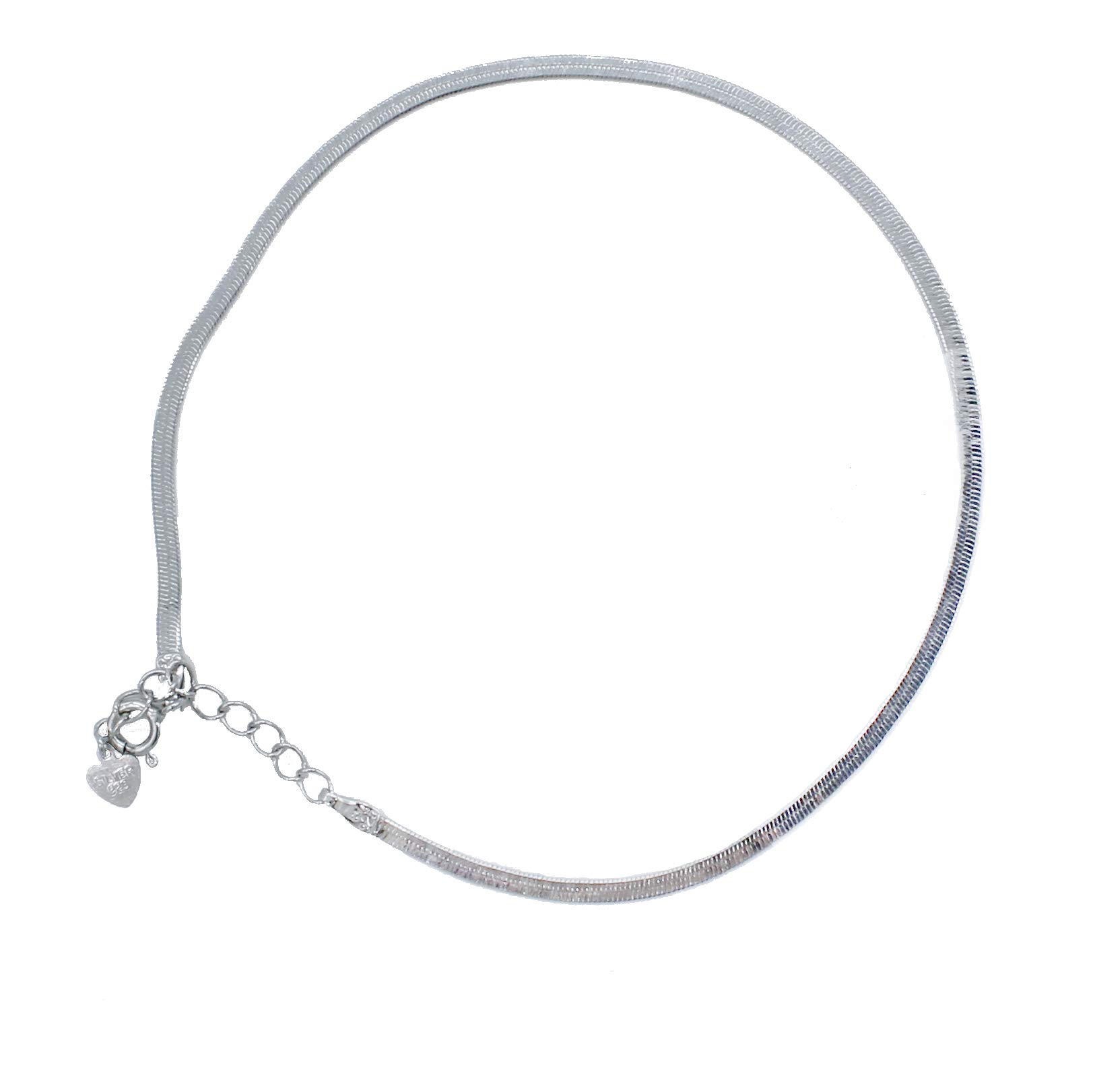 925 Sterling Silver Flat Type Snake Herringbone Chain, 9 inches Adjustable Anklet with Extender for Women and Gifts
