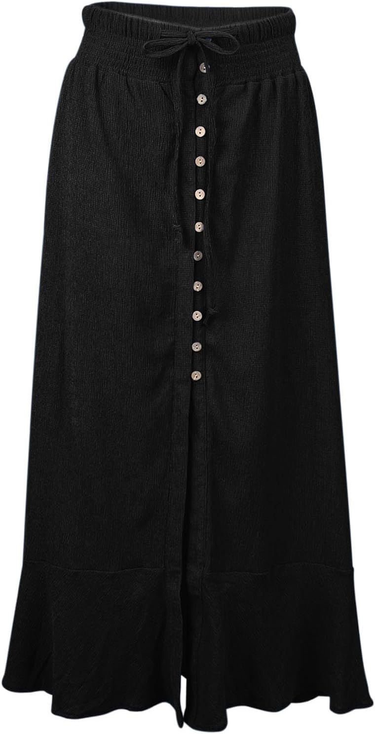 Minclouse Women's Elastic Tie Waist Button Down Maxi Skirts Casual Loose Flowy Swing Slit Front Dress - Image 4