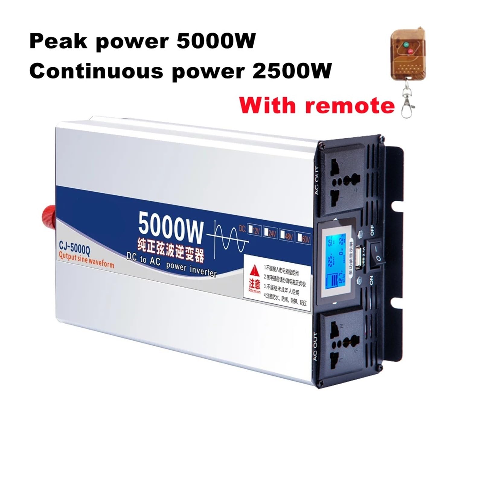 Uniwersalny falownik z czystą falą sinusoidalną, 3000 W/4000 W/5000 W, podwójne gniazdo, DC 12 V, 24 V, 48 V do AC 220 V, przetwornica napięcia, przetwornica napięcia (12 V, 220 V 60 Hz)