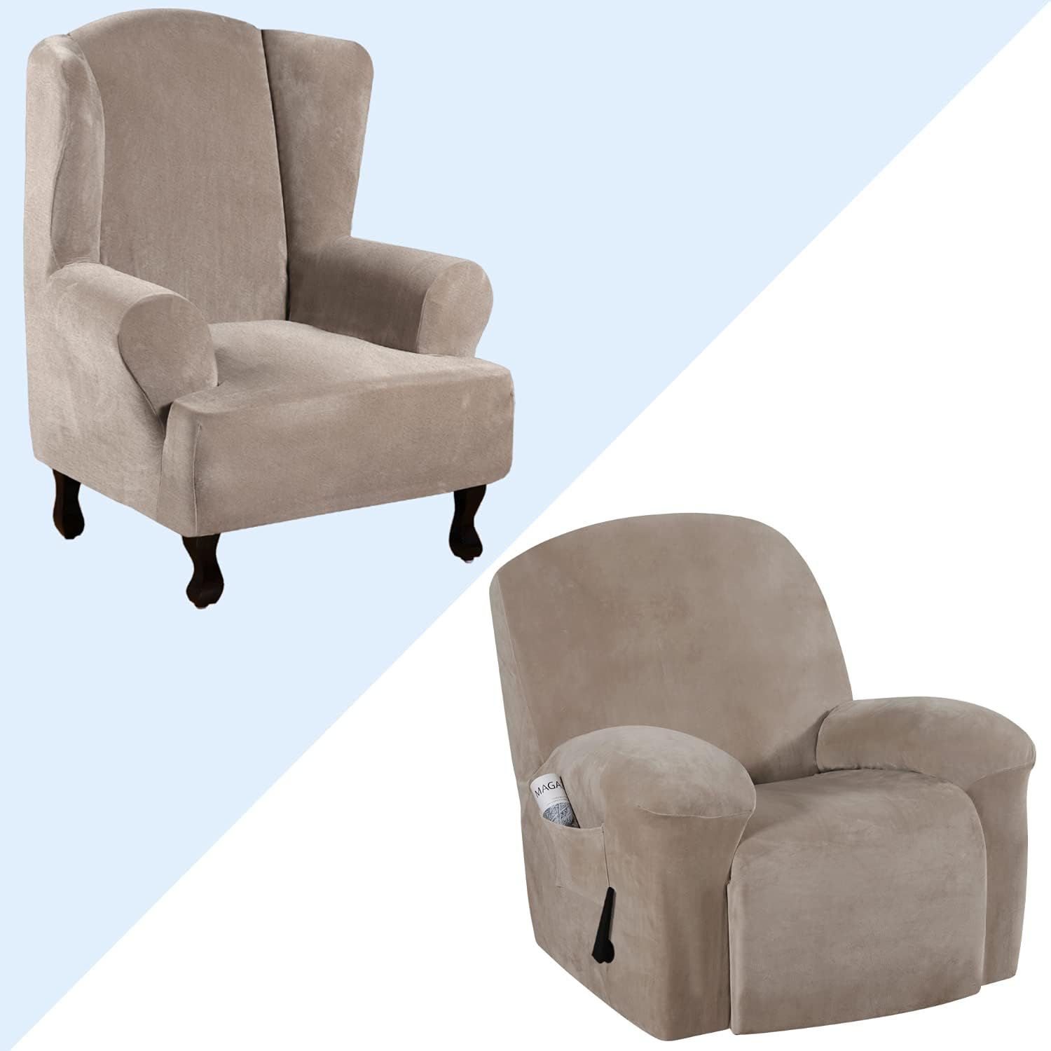 H.VERSAILTEX Velvet Plush Wing Chair Cover Bundles Recliner Slipcover, Furniture Protector, Ultra Soft, Removable and Washable, Taupe