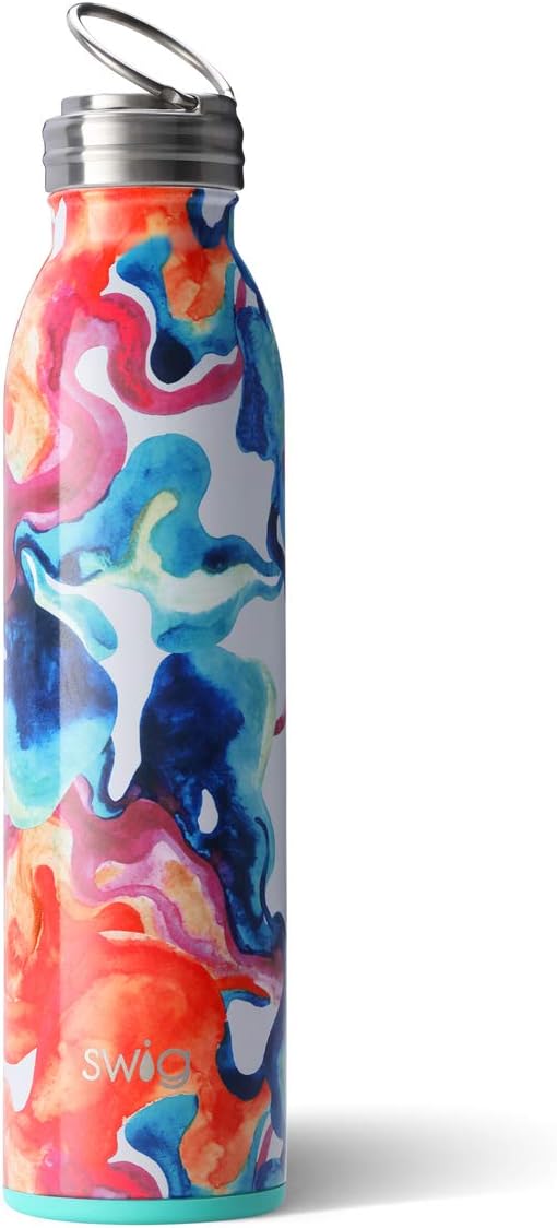 Swig Life 20oz Triple Insulated Stainless Steel Water Bottle with Ring Flip Handle, Dishwasher Safe, Double Wall, Vacuum Sealed Reusable Water Tumbler in Color Swirl (Multiple Patterns Available)