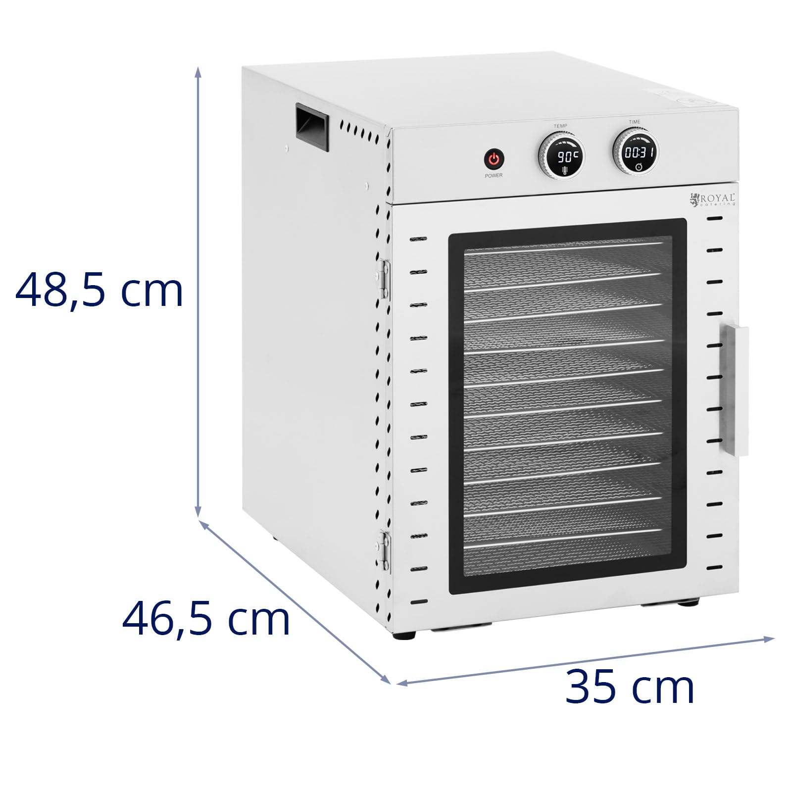 Royal Catering Déshydrateur automatique 1000 W 12 étages 40 l Minuteur jusqu'à 24 h 20-90 °C En acier inoxydable Pour bœuf Jerky Anneaux de pommes Tranches de légumes Herbes Déshydrateur de fruits