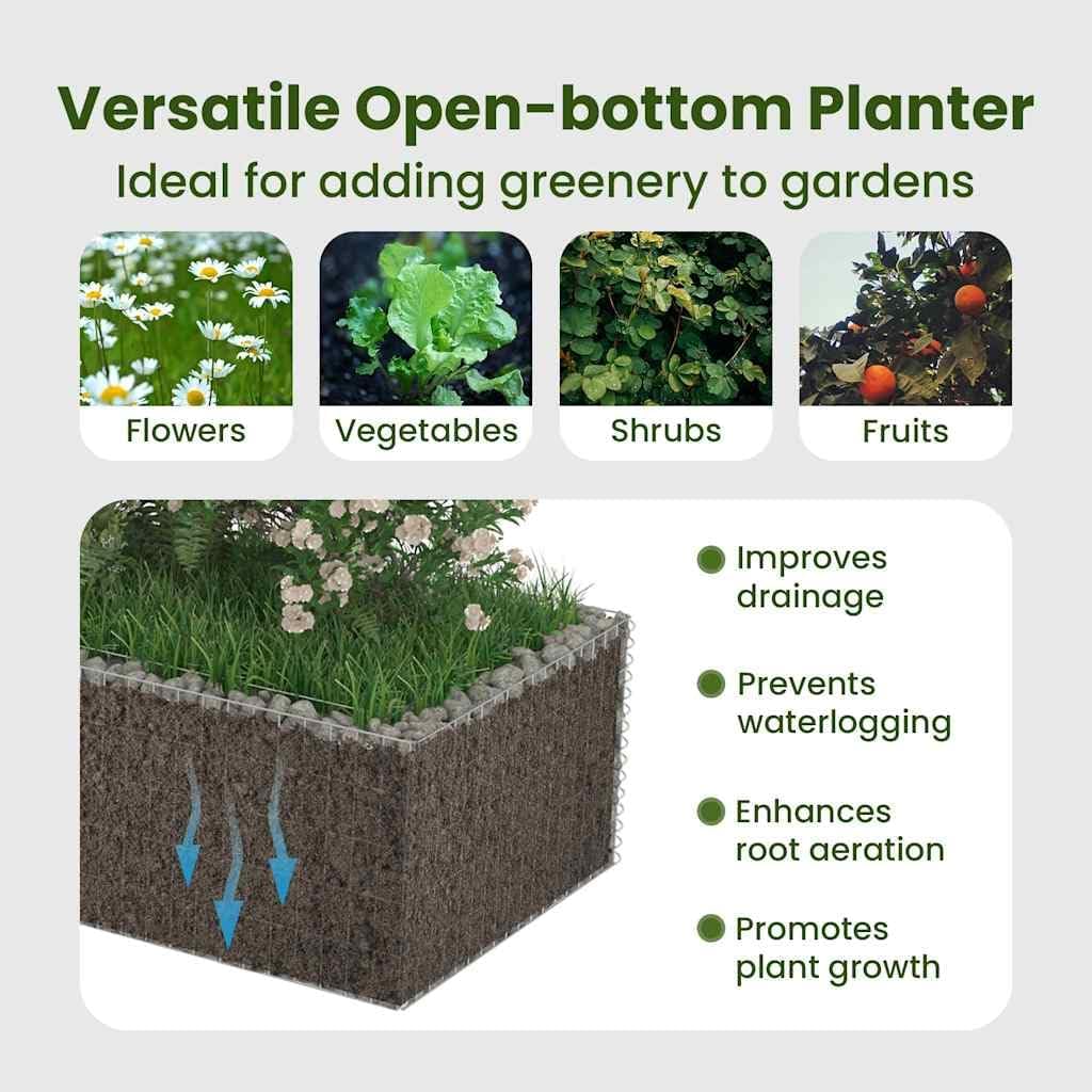 Diagram illustrating the benefits of an open-bottom planter, showing improved drainage, prevention of waterlogging, enhanced root aeration, and promotion of plant growth.