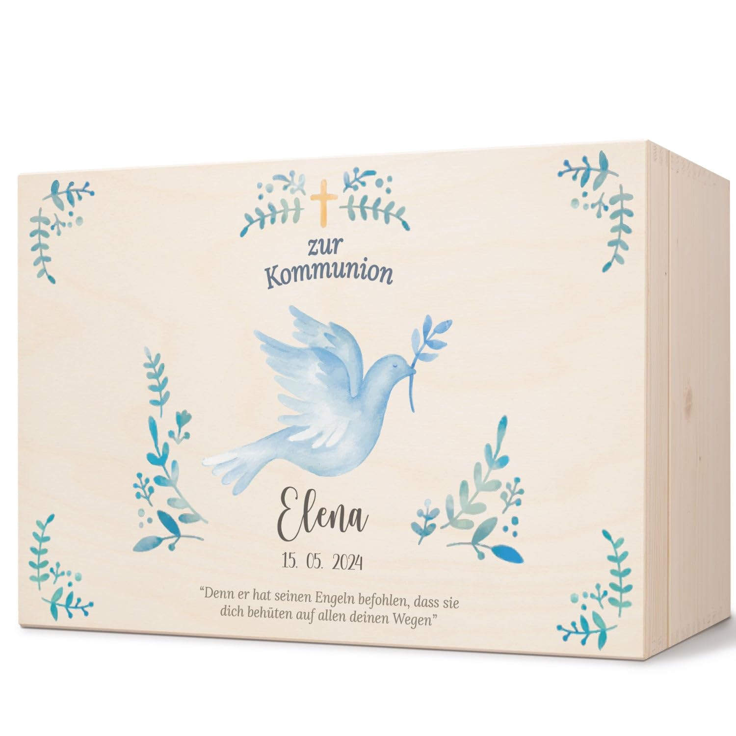 GRAVURZEILE Bedruckte Erinnerungskiste - Taube - Personalisiert mit Name & Datum - Erinnerungsbox für Mädchen & Jungen - Geschenk zur Kommunion, Konfirmation & Taufe - Erinnerungsbox