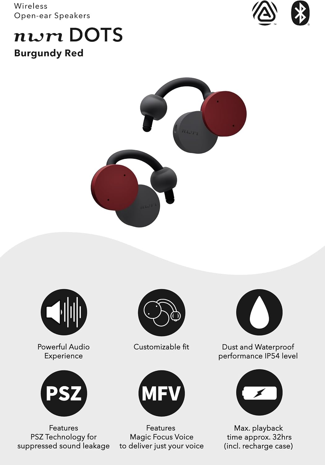 nwm DOTS Wireless On-Ear Speakers (Open Ear Earphones) Sound Leakage suppressed (PSZ Technology - Bone Conduction Alternative) with Optimal Microphone Function Designed in Japan | Burgundy Red - Image 3