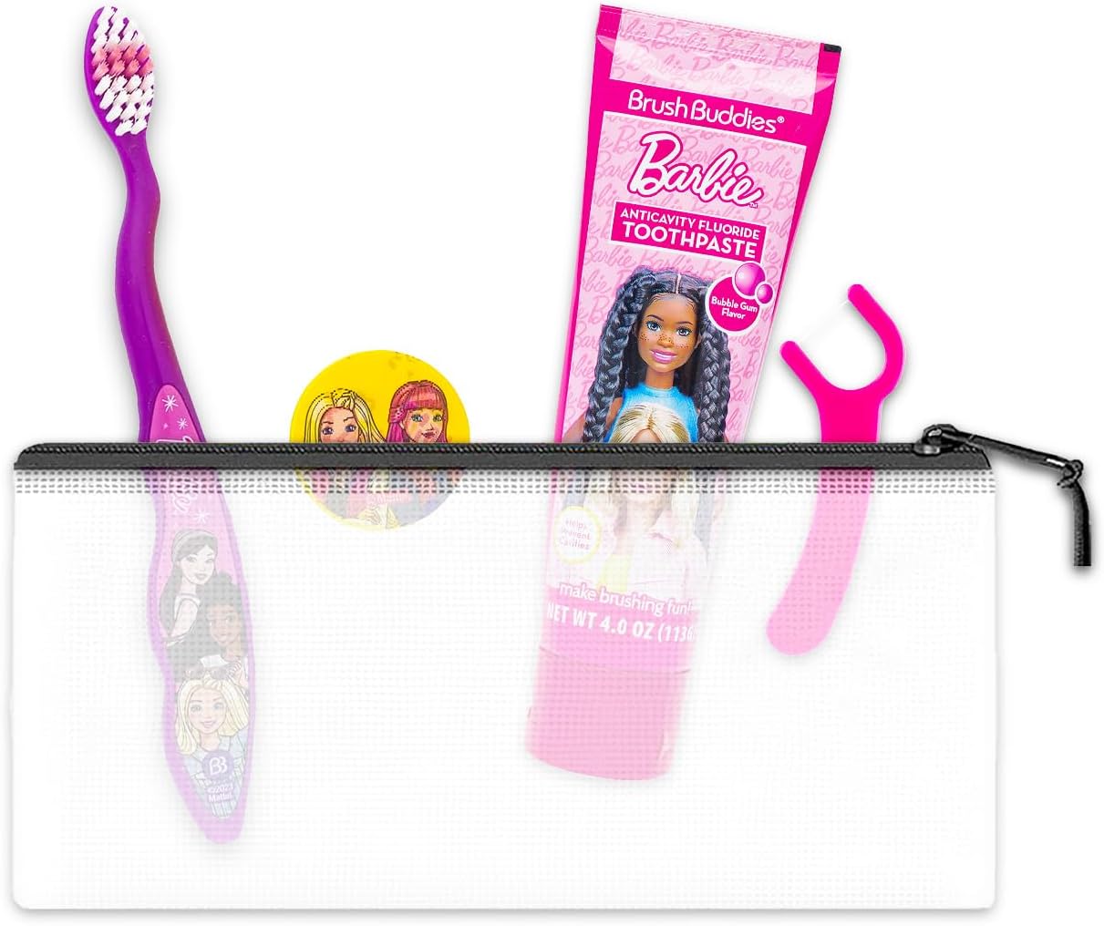 Barbie Oral Care Traveling Kit for Kids - Bundle with Toothbrush with Cover, Toothpaste, Floss Pack, Travel Bag, and More for Girls, Toddlers | Barbie Toothbrush Set