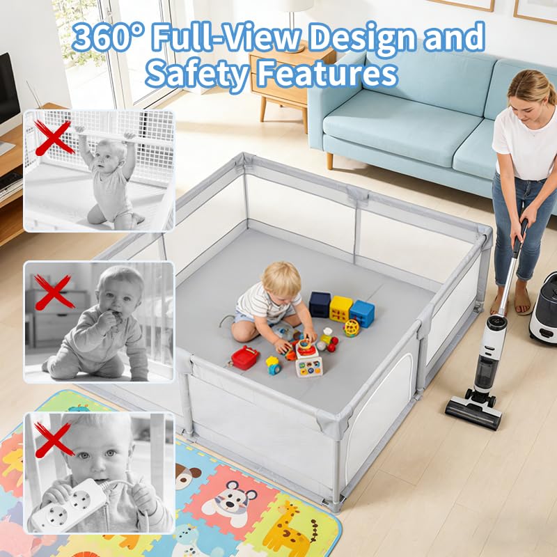 Baby Playpen for Toddlers: 6.56x6.56 ft Kid-Safe Enclosed Play Yard | Non-Slip Base, Breathable Mesh - Easy-Portable for Indoor & Outdoor Baby Play Spaces - Gray