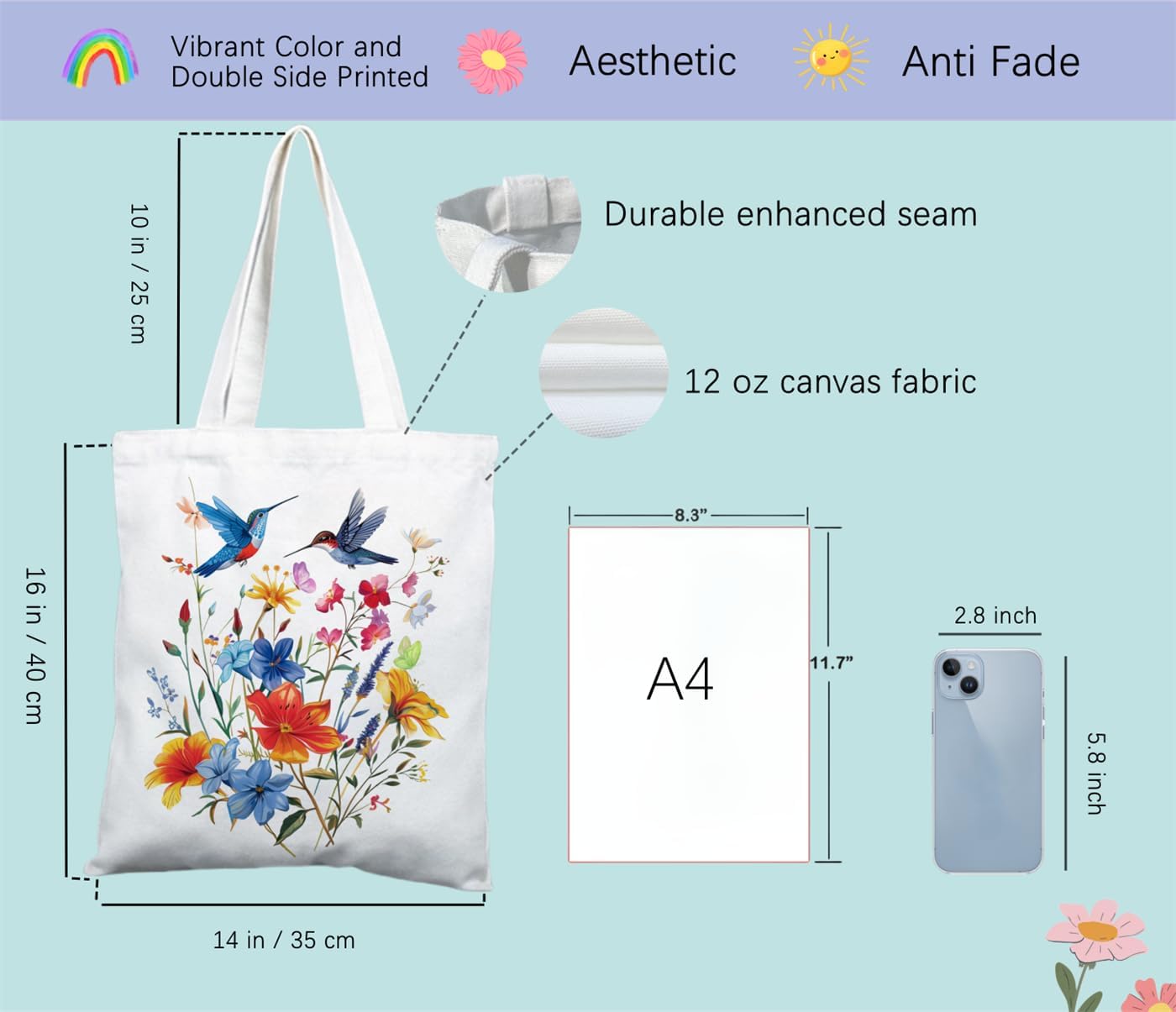 Aesthetic Hummingbird Flower Tote Bag with Inner Zipper Pocket, Double Side Printed Beautiful Canvas Reusable Shopping Grocery Tote Bag for Woman Man - Image 4