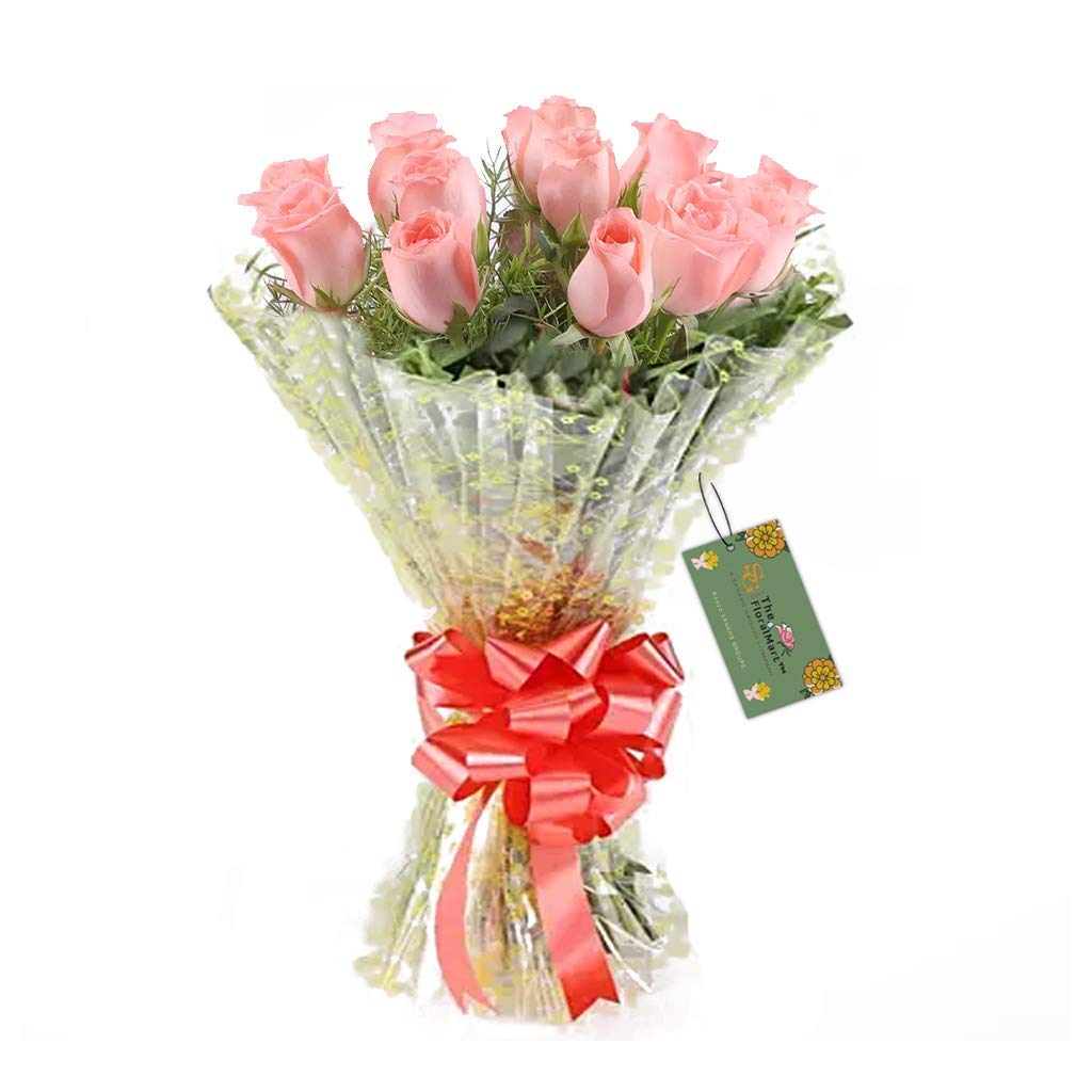 Fresh Flower Bouquet of 12 Pink Roses in Cellophane Wrapping-image-44