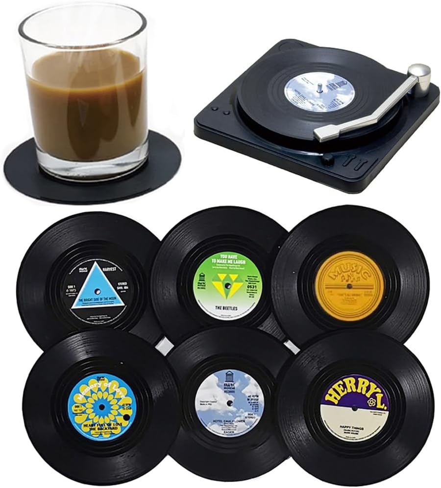Kaxich 6pcs Retro CD Record Coasters with Holder Vinyl Mug Mats Non-Slip Drink Coaster Set for Wine Glass Tea Coffee Home Kitchen Decor Gift Idea