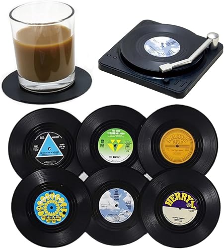 Kaxich Juego de 6 posavasos retro para discos de CD con soporte para tazas de vinilo, antideslizantes, para copas de vino, té, café, decoración del