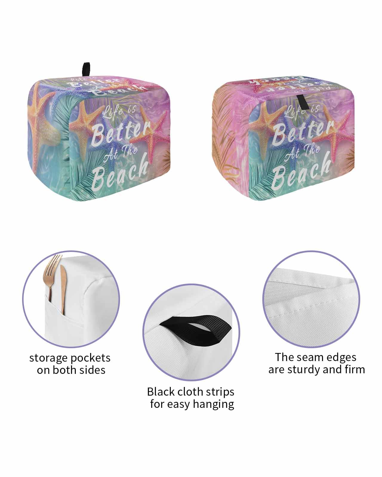 Summer Beach Starfish Toaster Cover 2 Slice, Vintage Romantic Palm Leaves Dustproof Bread Machine Oven Cover with Storage Pockets, Fits Most Kitchen Toasters Protector