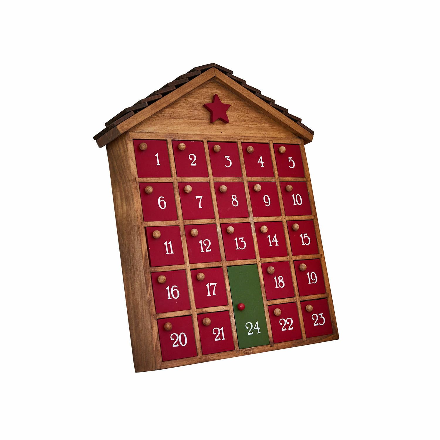 Loberon Adventskalender Zanari - 24 Schubladen zum Befüllen - in Hausform - mit Wandaufhängung - Advent - Weihnachten - Kiefernholz, braun/rot | 24 Schubladen zum Befüllen - in Hausform - mit Wandaufhängung - Advent - Weihnachten - Kiefernholz