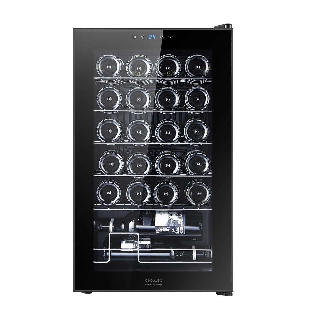 Cecotec Vinoteca 24 Botellas GrandSommelier 24000 Black. Compresor Silencioso, 5-18ºC, Control Táctil, Luz LED, Puerta Negra, Estantes Inox, Eficiencia Energética Clase G