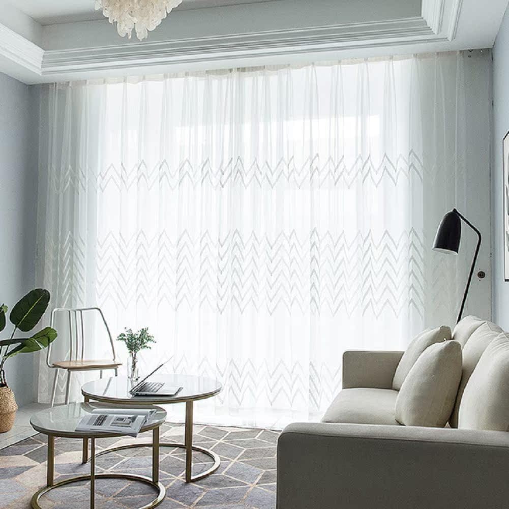 Nordic Voile Sheer Curtains Semi Shading Window Curtain Rod Pocket Zig Zag Embroidery High Grade for Living Kids Nursery Room Bedroom Patio(1 Panel, W 100 x L 102 inch, White)