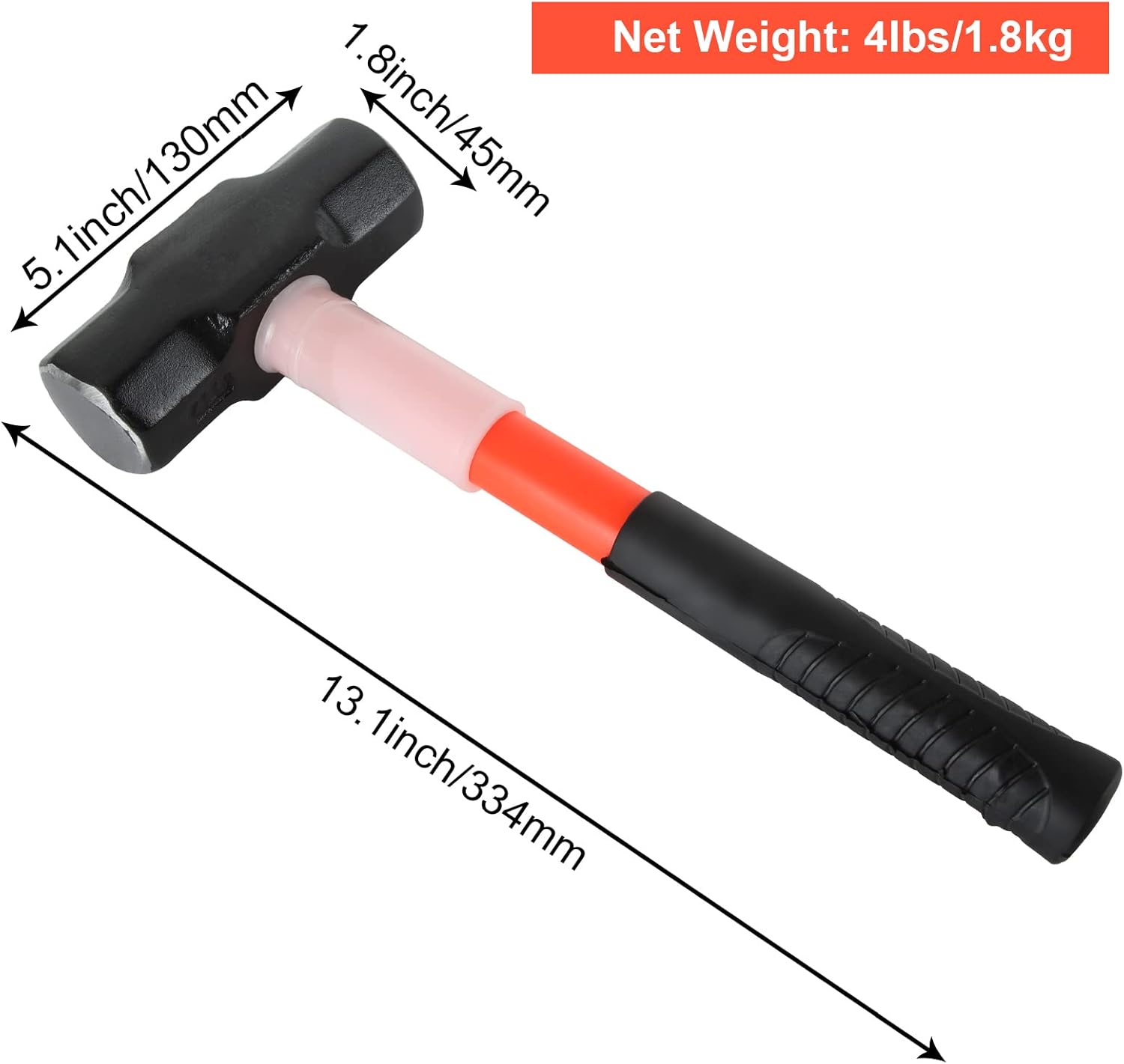 4lb Sledge Hammer, 4 Pound Drilling/Crack Hammer with Forged Steel Construction & Fiberglass Handle Shock-Resistant for Striking, Engineering Hammer for Farm Gardening Land Management Yard Work