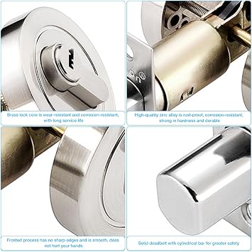 Single Cylinder Deadbolt, Round Deadbolt Lock with Keys, Zinc Alloy Door Locks, Invisible Modern Door Locks for 35-50mm Front, Entrance, Passage, Bedroom Doors (Silver)