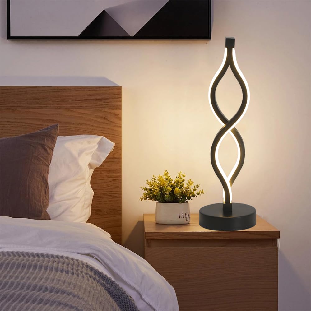 EIDEARAY Nachttischlampe Spiral-Design – Dimmbar, 3 Farbtemperaturen, Mit USB-Anschluss (Schwarz)