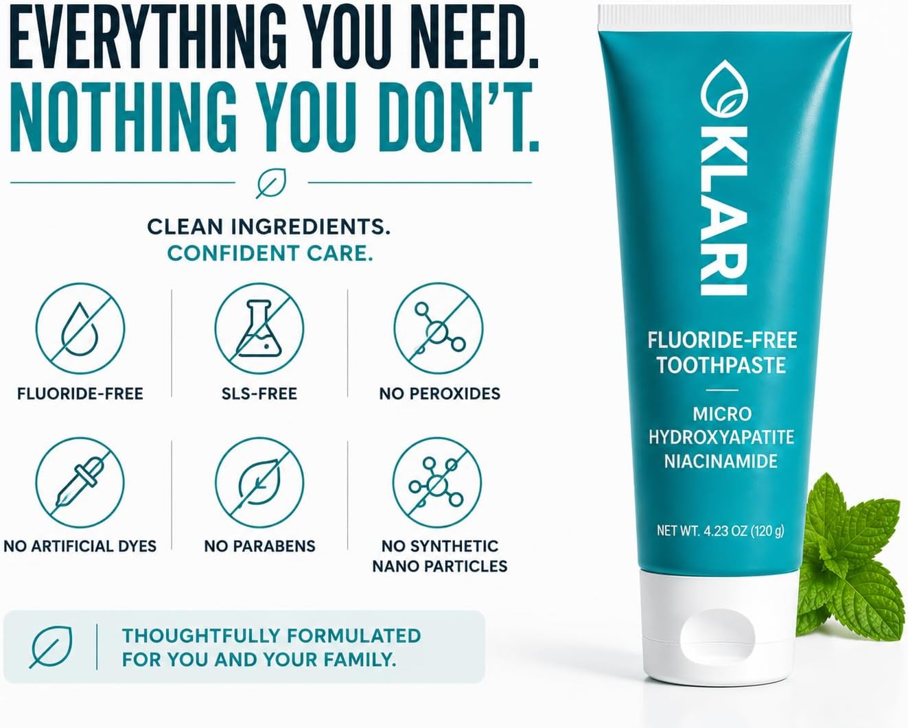 KLARI Micro Hydroxyapatite Toothpaste, Non Nano, Fluoride-Free, 4.23 oz | Niacinamide (Vitamin B3) | Enamel Remineralization Support | Sensitivity Support | Gum Health Support | Gentle Whitening