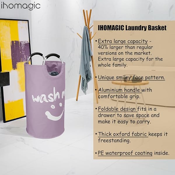 115L Extra Grande Ceste per la Biancheria in tessuto, Cesto Portabiancheria Pieghevole, Cesta del Bucato Portatile Raggruppabili Sacchi da Biancheria per Camera da letto, Bureau, Smiley-Viola - 3