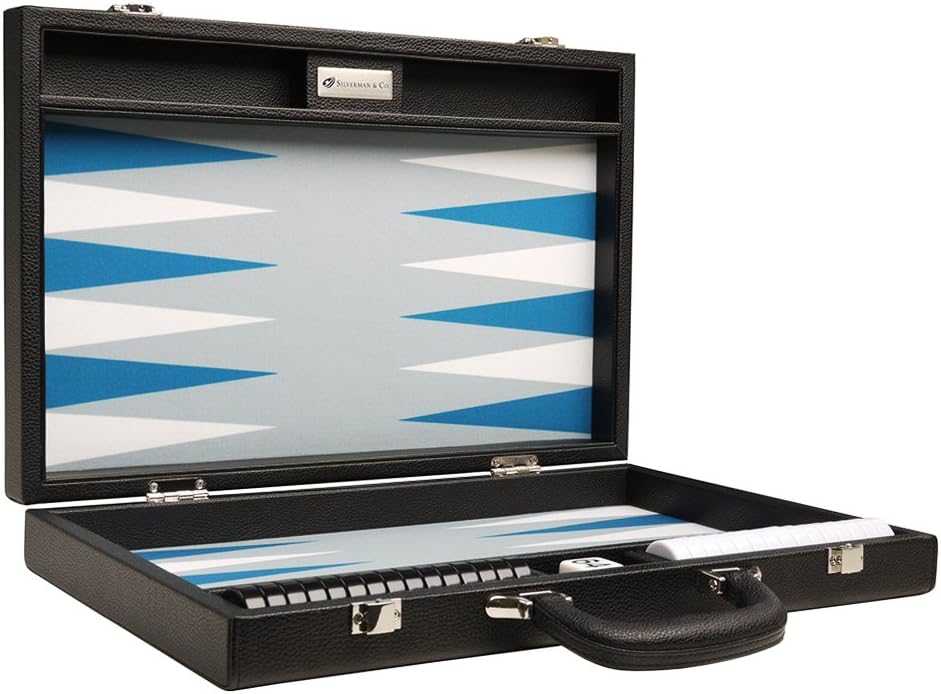 16-inch Premium Backgammon Set - Medium Size - Black Board, White and Astral Blue Points