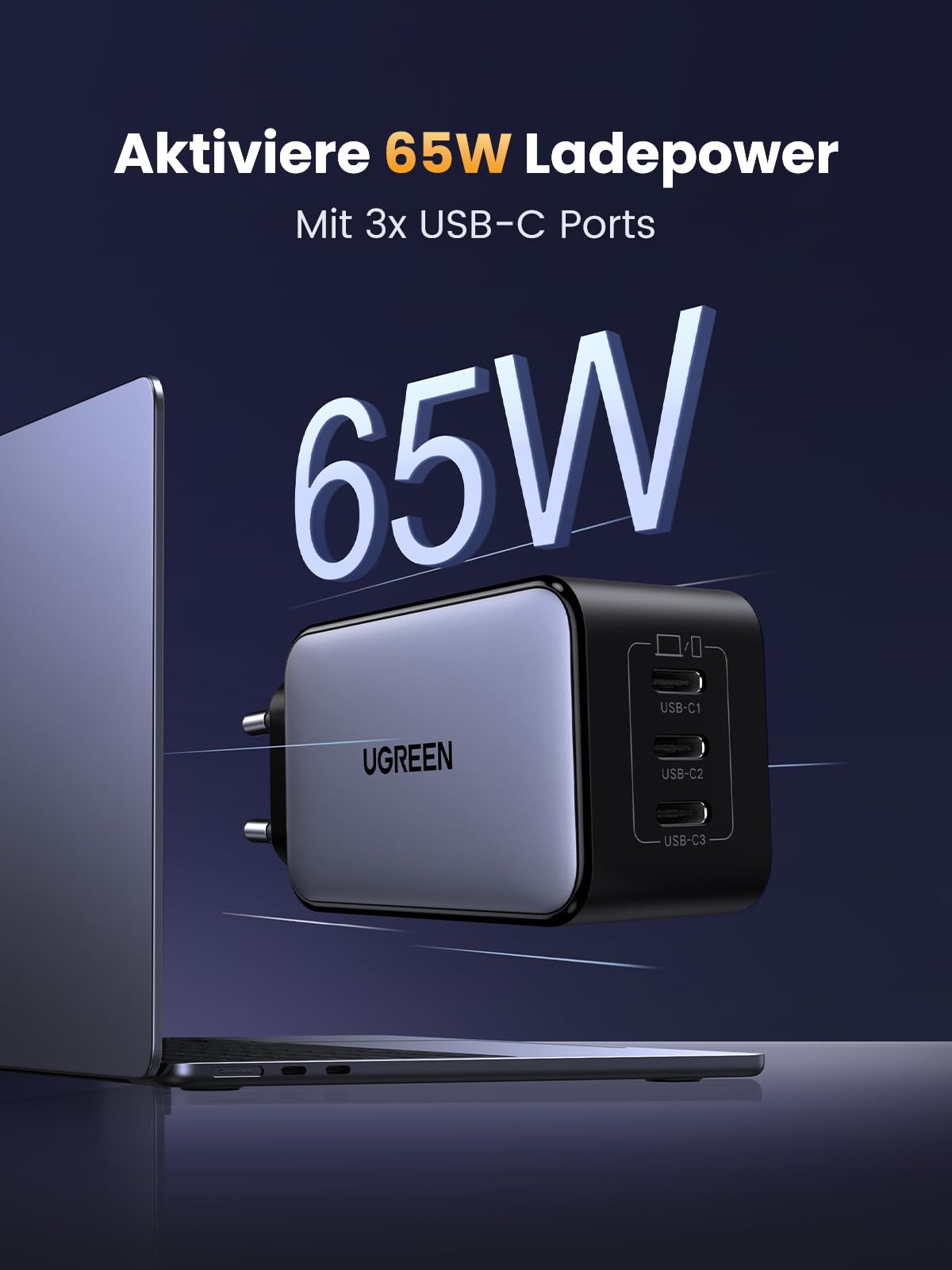 UGREEN Nexode USB C Ladegerät 65W GaN Netzteil mit 3X USB-C-Port Schnellladegerät Kompakt Charger kompatibel mit MacBook Pro/Air, HP Laptop, iPad, iPhone 17, Galaxy S24