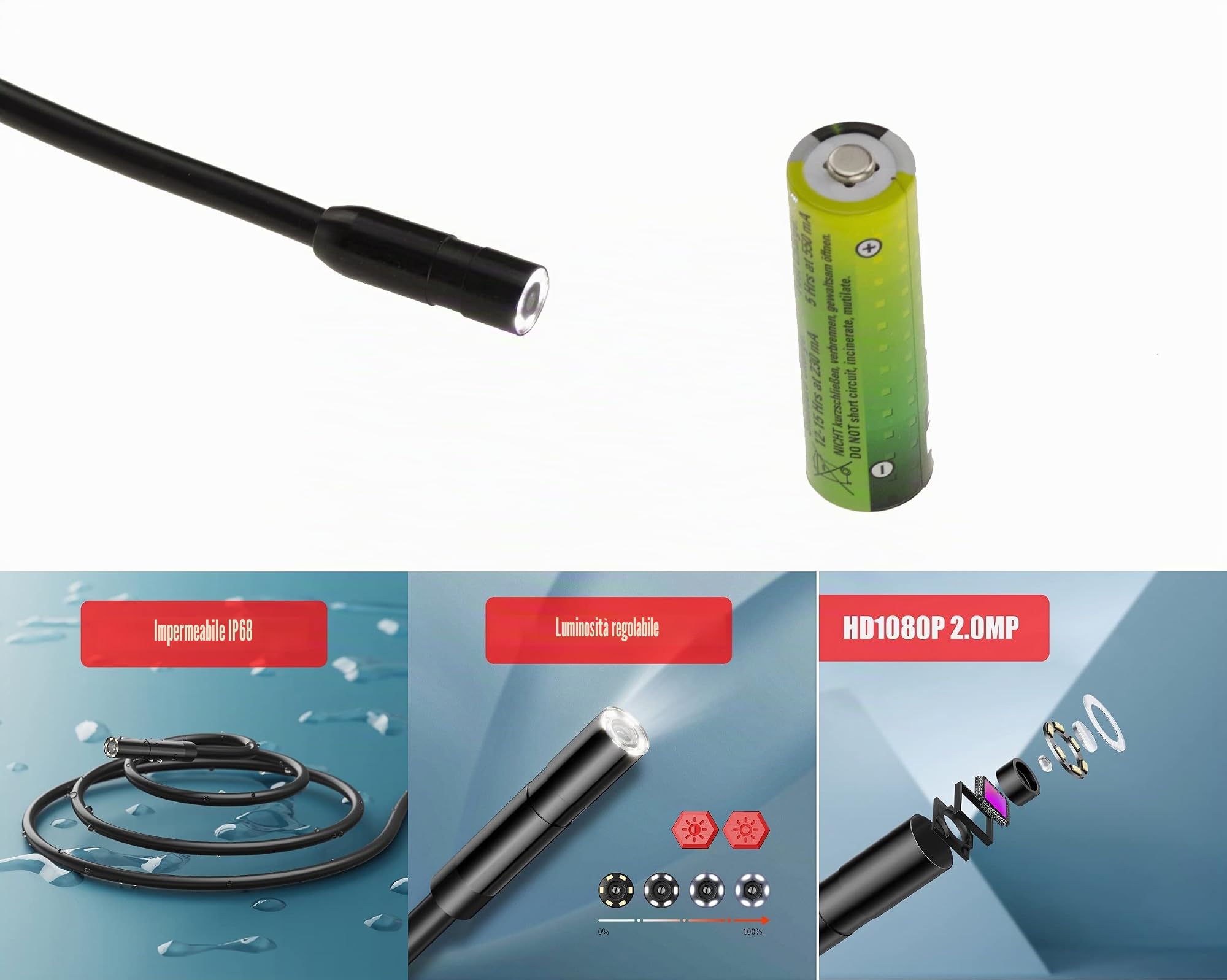 KALEA-INFORMATIQUE Telecamera di ispezione endoscopica da 8 mm 1080p con illuminazione. Impermeabile, cavo da 10 m, batteria ricaricabile USB.