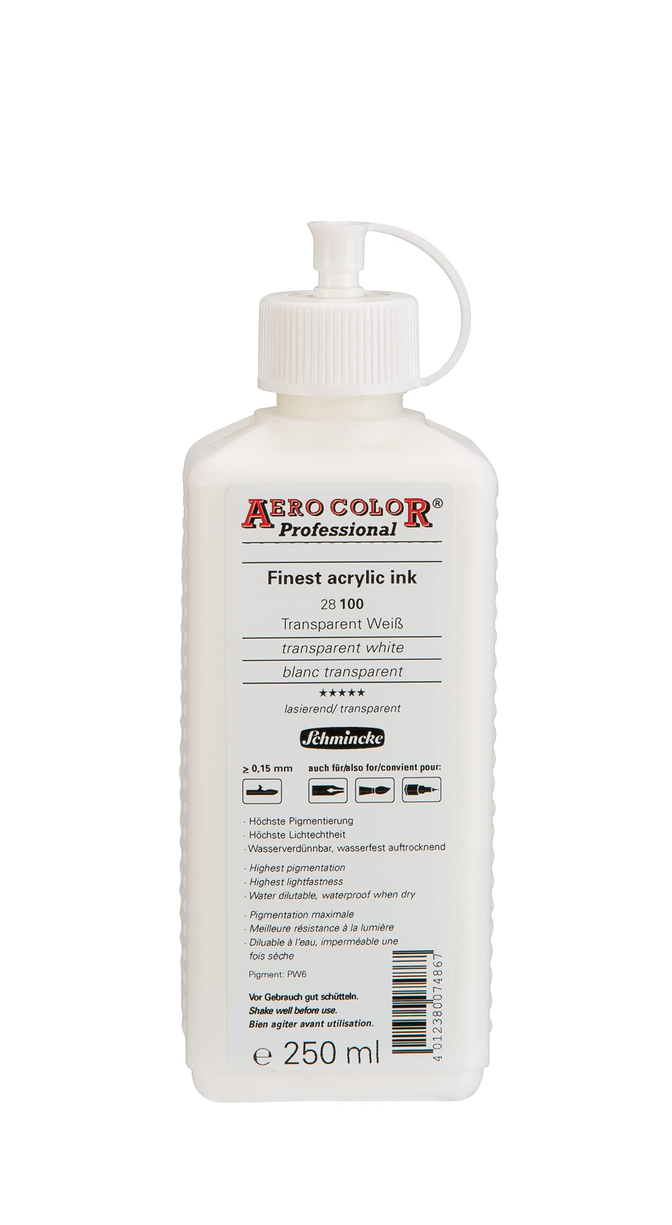 Schmincke - AERO COLOR Professional, Transparent White 250 ml, 28100027, highly liquid, brilliant acrylic color, airbrush, mixed media, acrylic ink