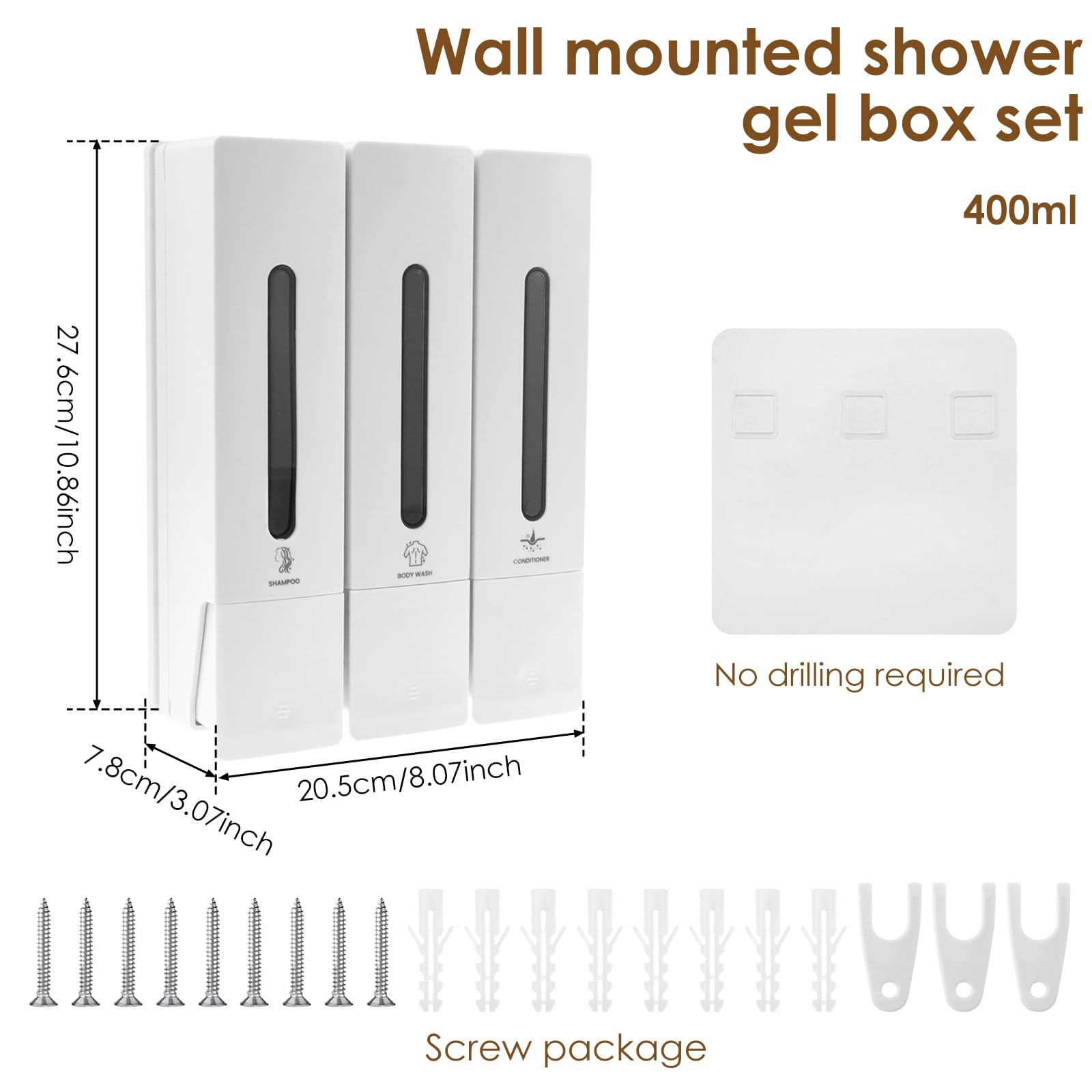 3 dispenser di sapone senza foratura, dispenser per shampoo e balsamo, per bagno, gel doccia, montaggio a parete, 3 dispenser per shampoo da 400 ml, erogazione uniforme di liquidi per sapone liquido e