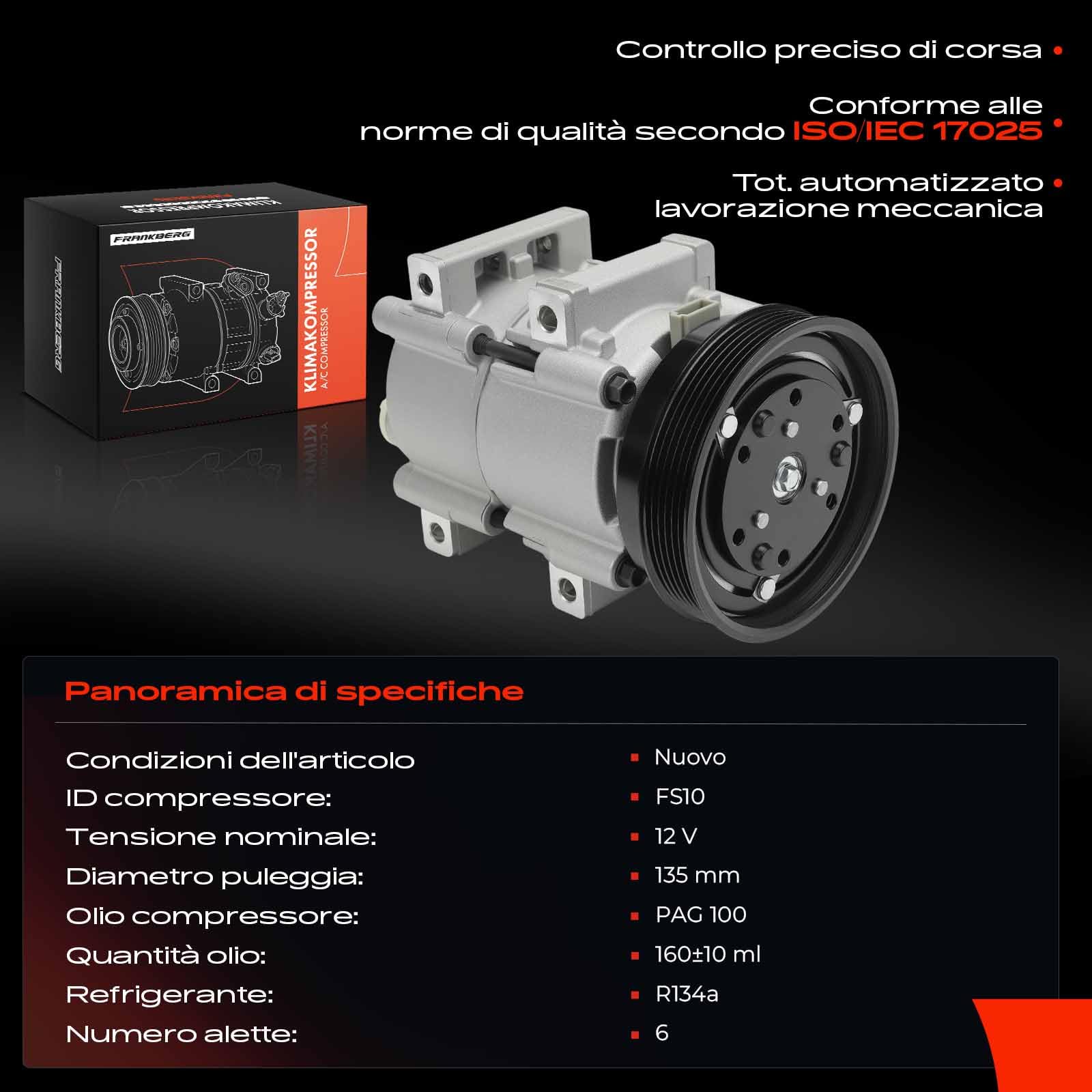 Frankberg Compressore per aria condizionata con frizione, benzina | 4R3H19497BB; Compatibile con: Fiesta IV JA JB, KA Van RB, Ritiro del corriere, Fiesta Van J3 J5, KA RB, Puma EC