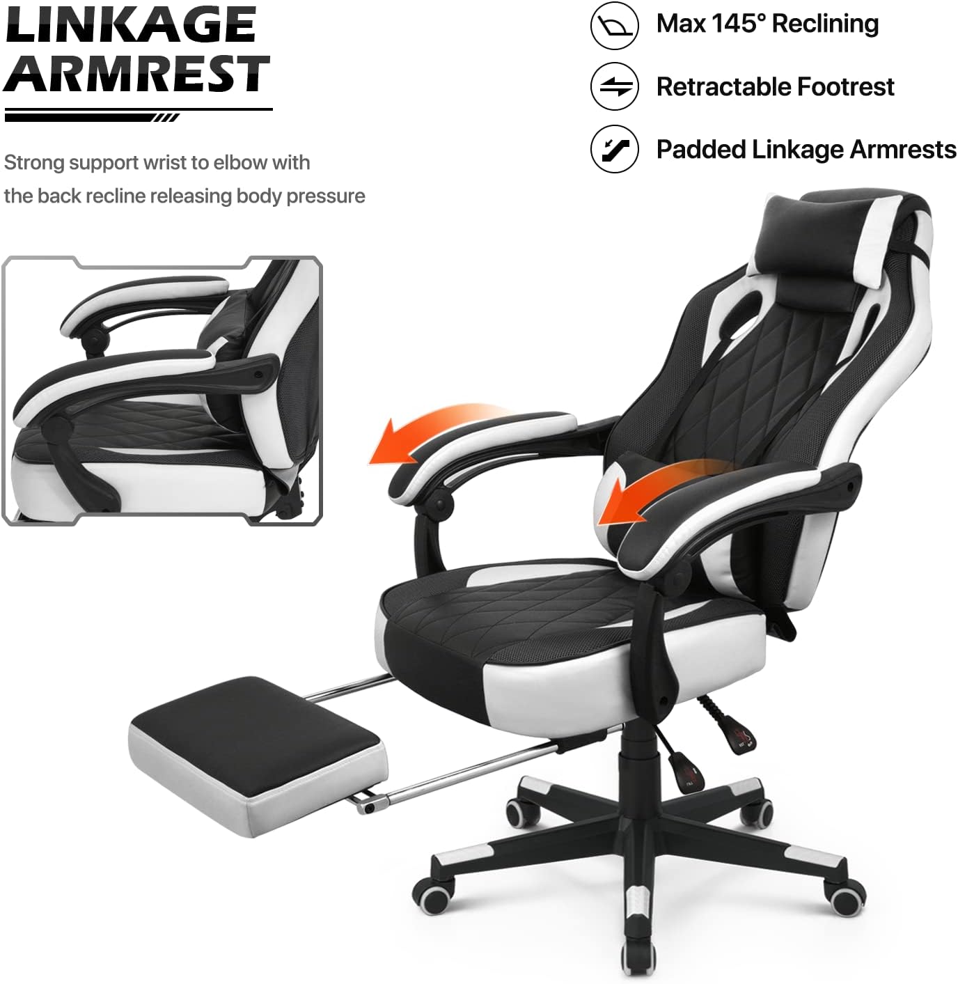 MoNiBloom Reclining Computer Chair with Footrest & Detachable Lumbar Support 360 Degree Swivel Racing Style PU Leather Computer Gaming Chair with Headrest for Home Bedroom Office, White