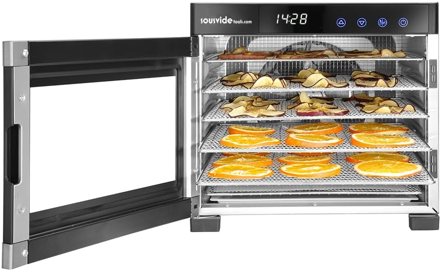 SousVideTools Profi Line Dehydrator, front view with door open, showing empty trays.