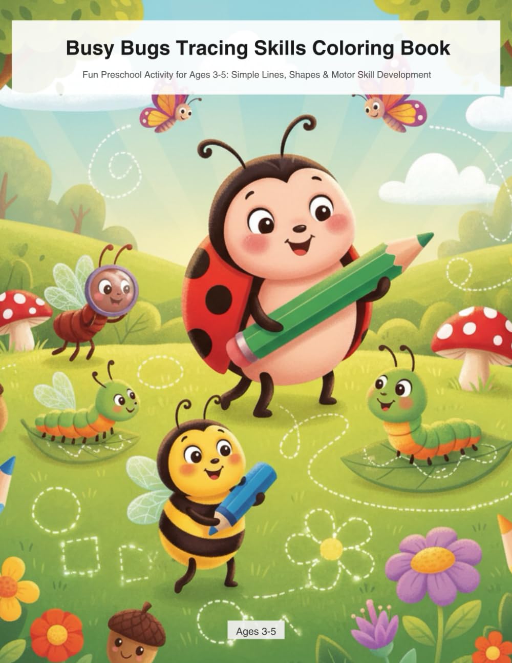 Busy Bugs Tracing Skills Coloring Book: Fun Preschool Activity for Ages 3-5: Simple Lines, Shapes & Motor Skill Development