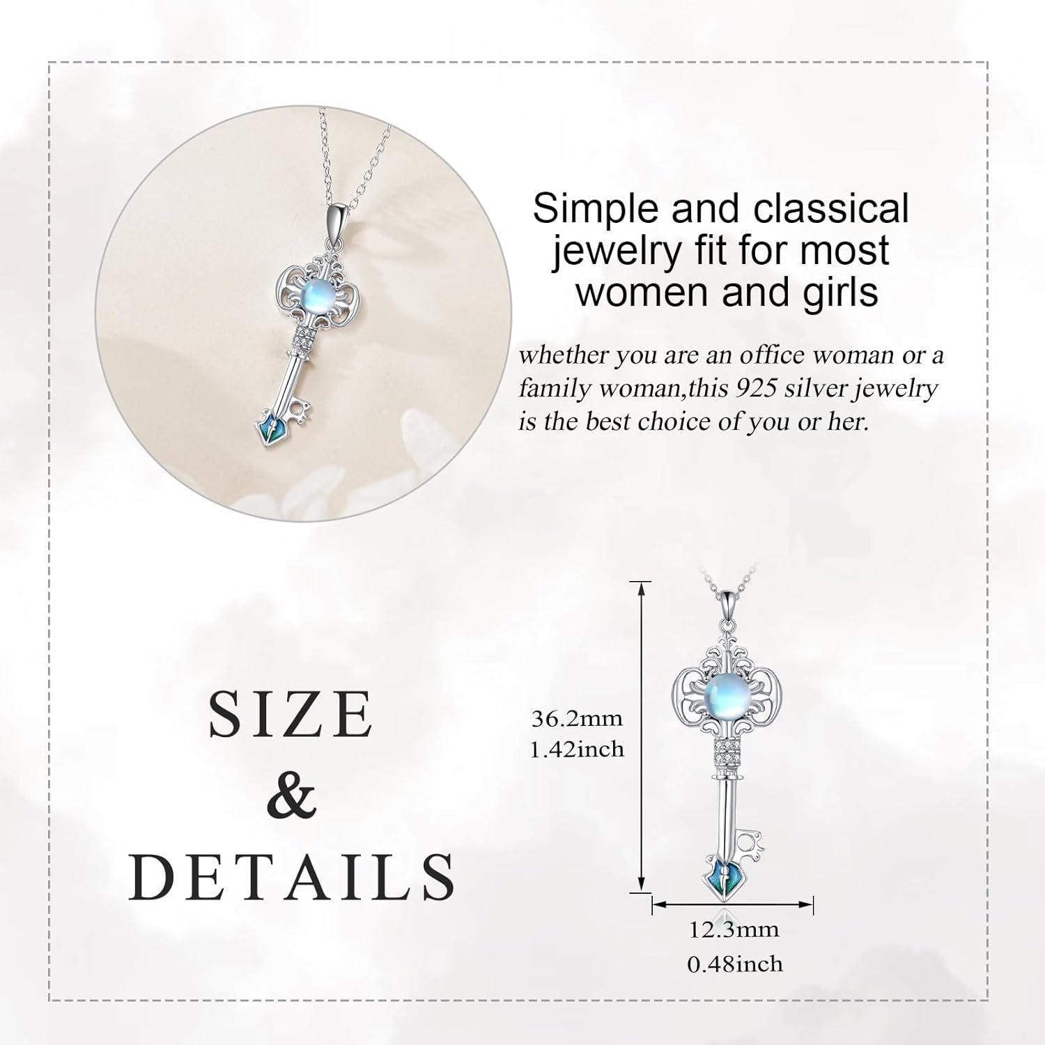 Key Necklace 925 Sterling Silver Moonstone Pendant Necklace Heart Key Necklace Jewelry Gifts for Women - Image 6