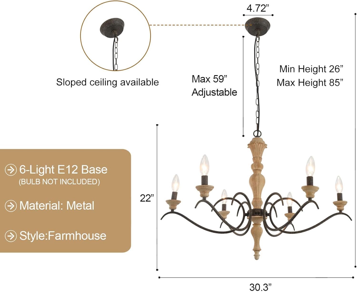 6 Light French Country Chandelier 30" Farmhouse Chandelier Retro Rustic Distressed Wood Chandelier for High Ceilings, Bedroom, Kitchen Island, Living Room, Dining Room, Entryway, Foyer, E12