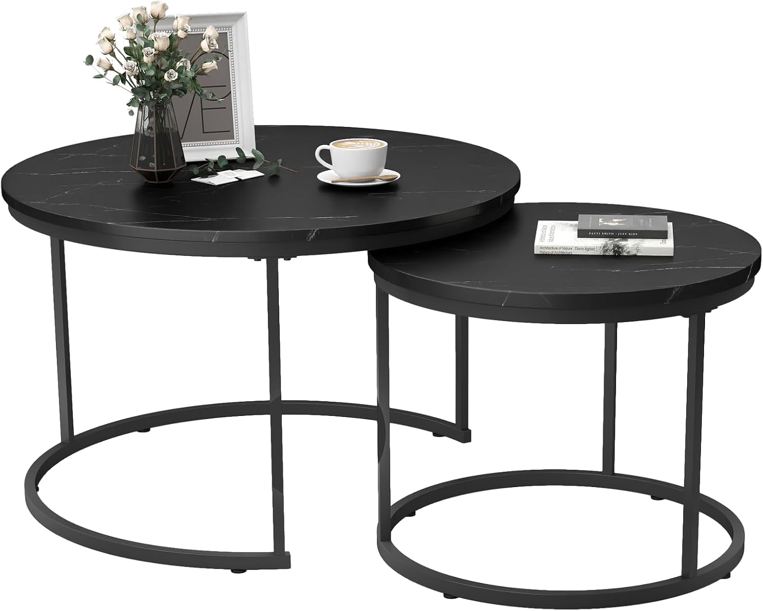 Small Coffee Table Round, Wood Nesting Coffee Table Set 27.6” with Marble Pattern Circle Table for Living Room, Bedroom, Patio, Yard (Black)