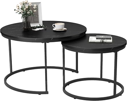 Zevemomo Small Coffee Table Round, Wood Nesting Coffee Table Set 27.6 with Marble Pattern Circle Table for Living Room, Bedroom, Patio, Yard Black