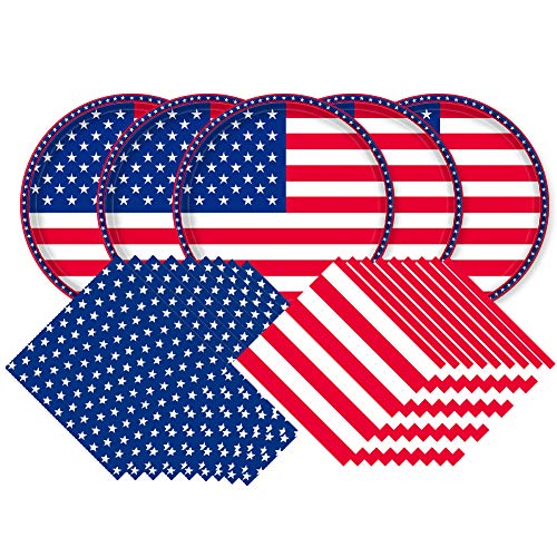 Gatherfun American Flag Patriotic Party Supplies Disposable Napkins and Paper Plates for Veterans Day Election Day 4th of July Independence Day Decorations Serve 50