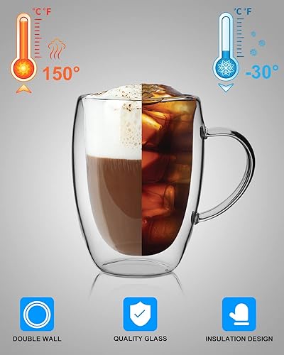 Miniatura 6 de LIBWYS Paquete de 2 tazas de café de doble pared, tazas de 12 onzas, tazas de té de café con leche, capuchino con asa, resistentes al calor, vasos