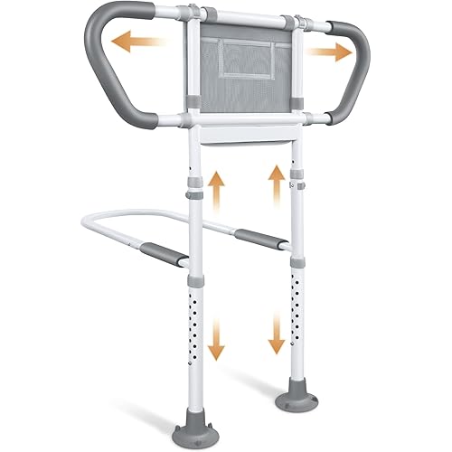 Bed Rails for Elderly Adults Safety: Adjustable Bedside Assist Rails with Storage Pockets, Non-Slip Handles, Sensor Night Light, 400LB Gravity Capacity (Compatible with Bed Frames 13.19"-19.69" )