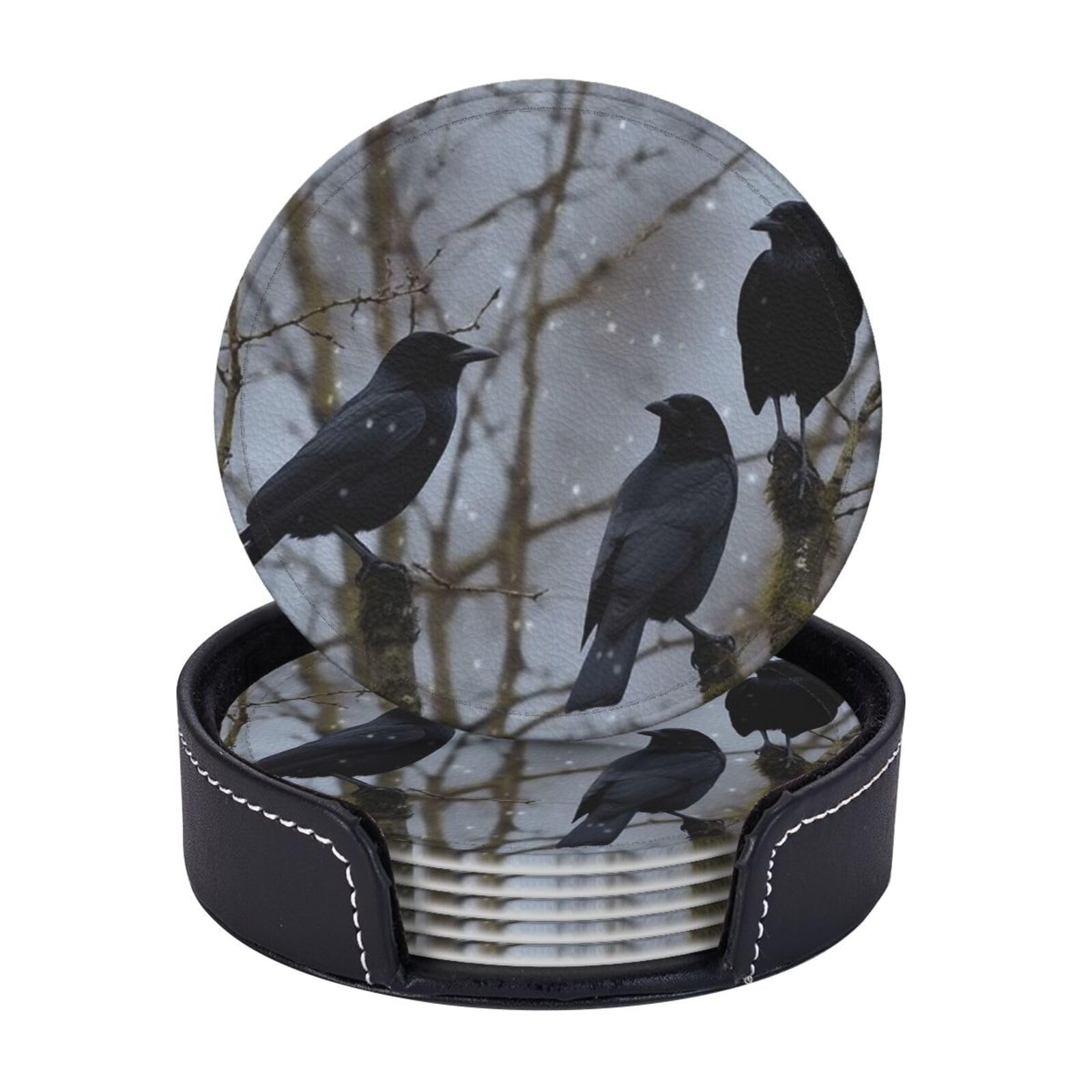 Round Coasters for Drinks Set of 6 - PU Leather Coasters with Holder - Modern Drink Coasters for Coffee Table - Black Crow Birds Coaster for Tabletop Protection 4" Cup Mat Pad