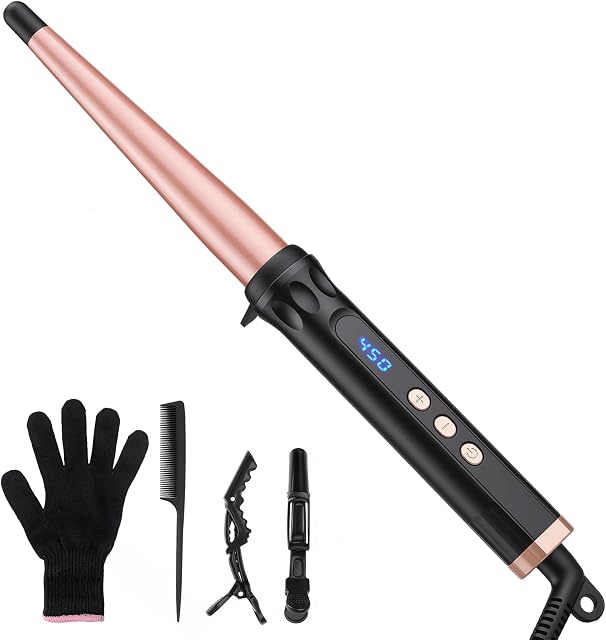 La baguette de fer de curling pour cheveux courts longs, 1/2 à 1 Curler à cheveux coniques de pouce avec barre en céramique, température réglable, baguettes de curling de voyage double tension