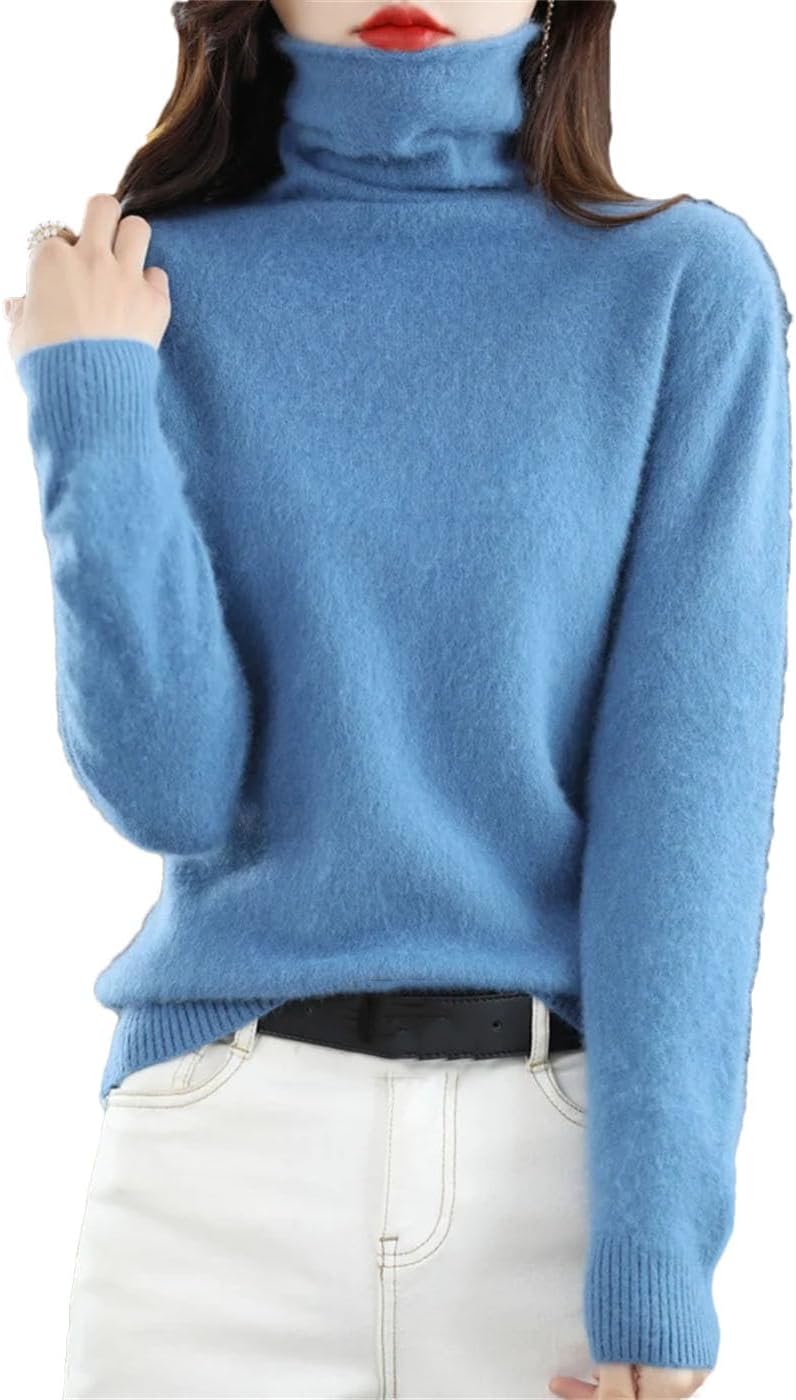 Women's Turtleneck Knit Sweater Solid Color Long Sleeve Fuzzy Top Winter Soft Warm Pullover Jumper
