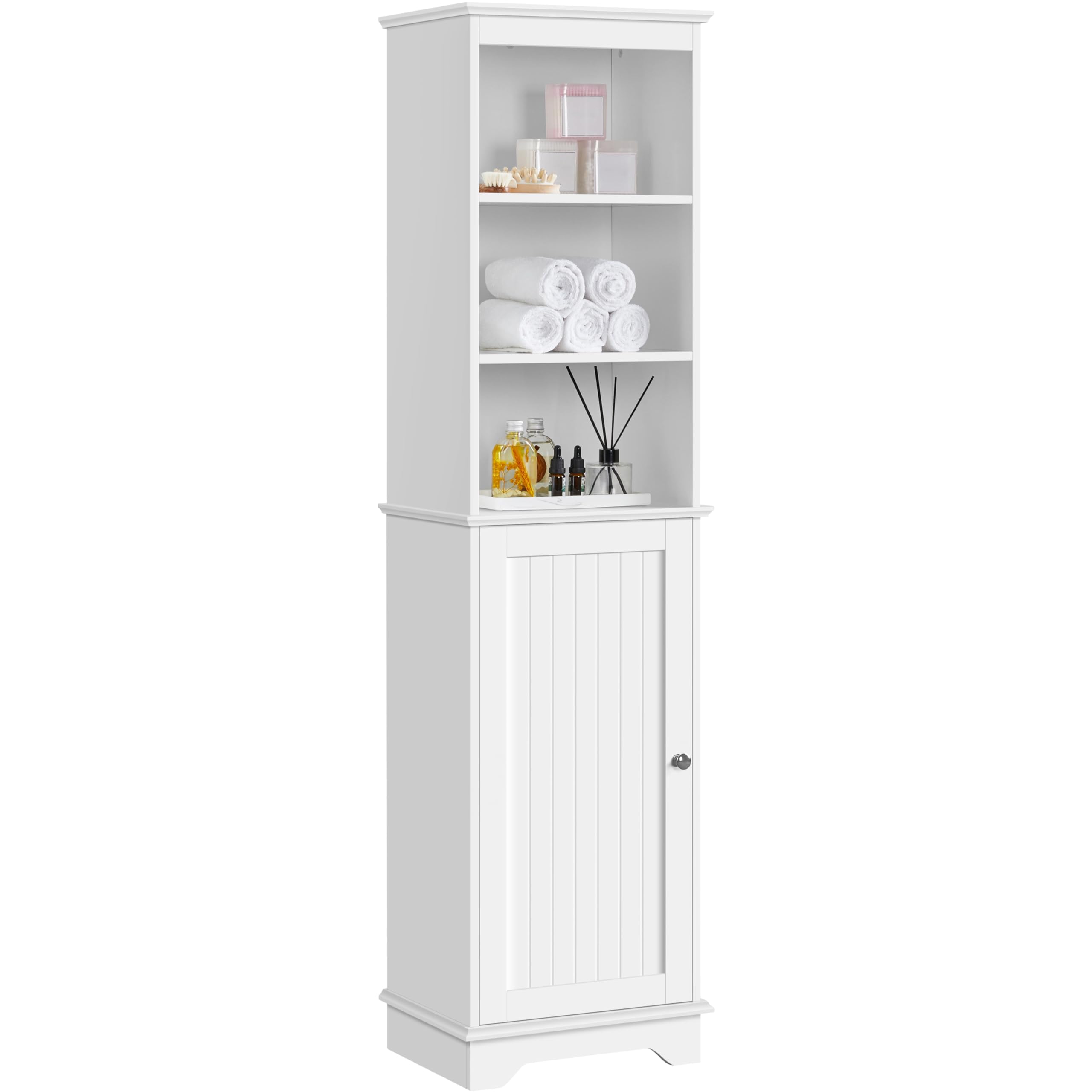 Yaheetech Tall Slim Storage Cabinet with 3 Shelves & Door, Freestanding Linen Cabinet for Bathroom, Living Room, Entryway, 16 x 12 x 60.5 Inches, White