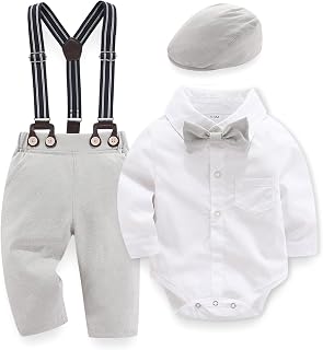 Baby Boy Clothes Formal Suit, Gentleman Outfit Dress Romper + Suspender Pants + Beret Hat + Bowtie Toddler Set